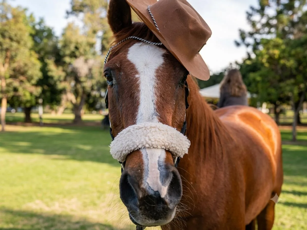 Horse wearing cowboy hat at Lat Wai